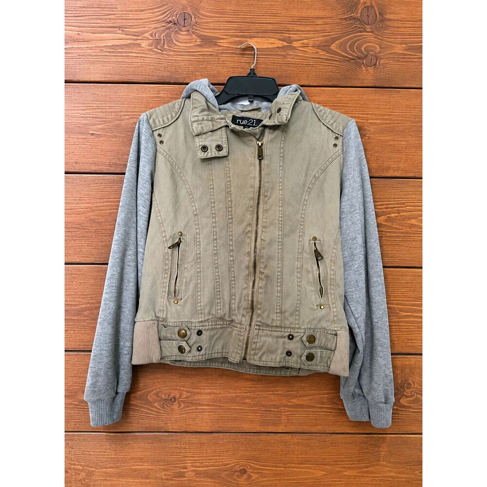 rue21 Khaki Tan Denim Jacket Gray Knit Long Sleeve Hooded Moto Coat Vest Size L
